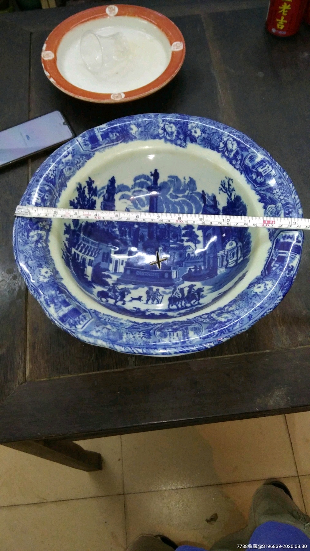 罕见民国青花楼阁山水大盆