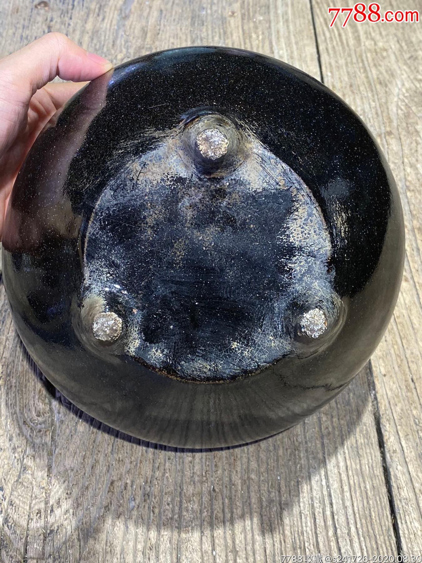 q1013民国乌金釉三足香炉-黑陶-7788收藏