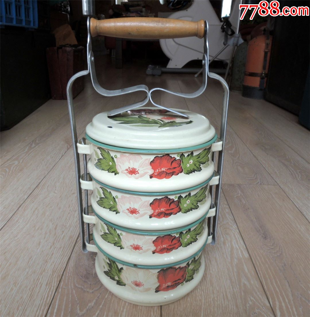 老国货收藏2008-七八十年代三星牌多层提梁式搪瓷饭盒一套-好品难得