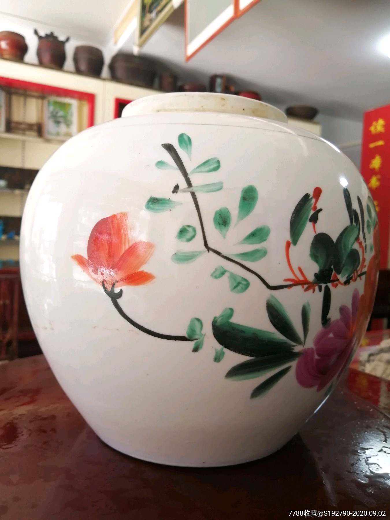 浙江绍兴瓷厂出品手绘五彩花鸟糖罐粥罐陶瓷罐百花迎春