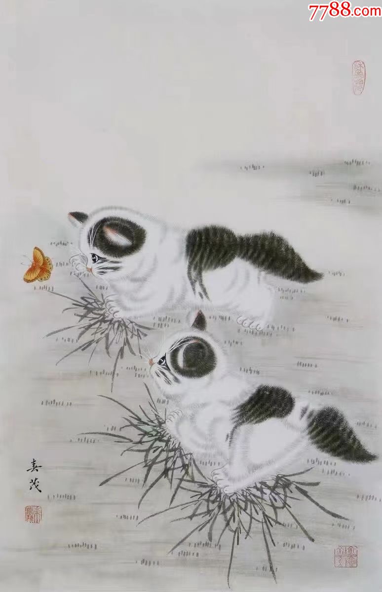 【卖家保真】画家米春茂老师四尺工笔小猫保真保手绘真迹!