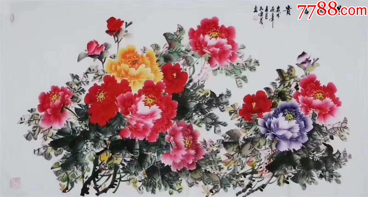 孔慶義六尺牡丹08-花鳥國畫原作-7788收藏