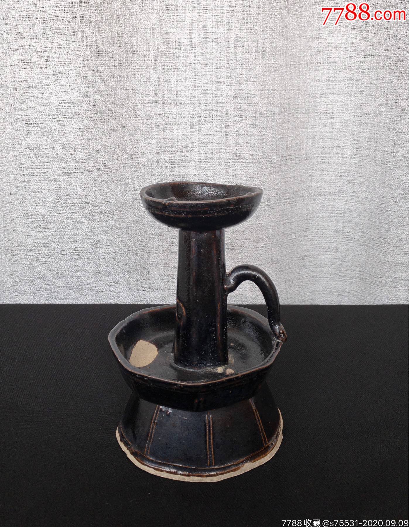 清末淄博窑黑釉沥线纹油灯