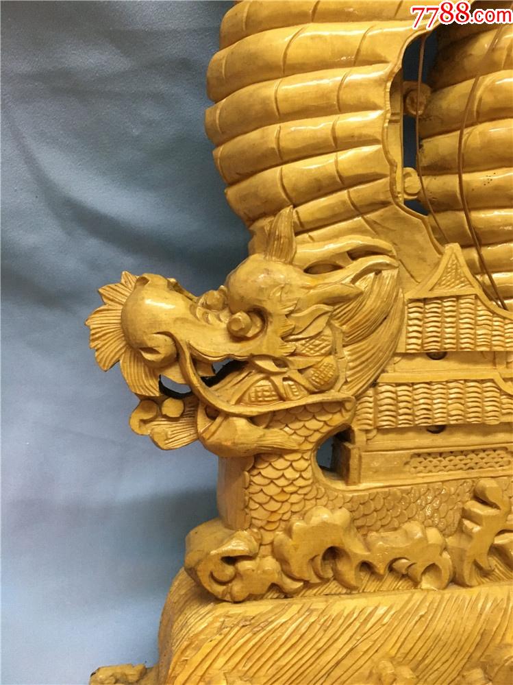 库存早年纯手工木浮雕龙船一帆风顺摆件