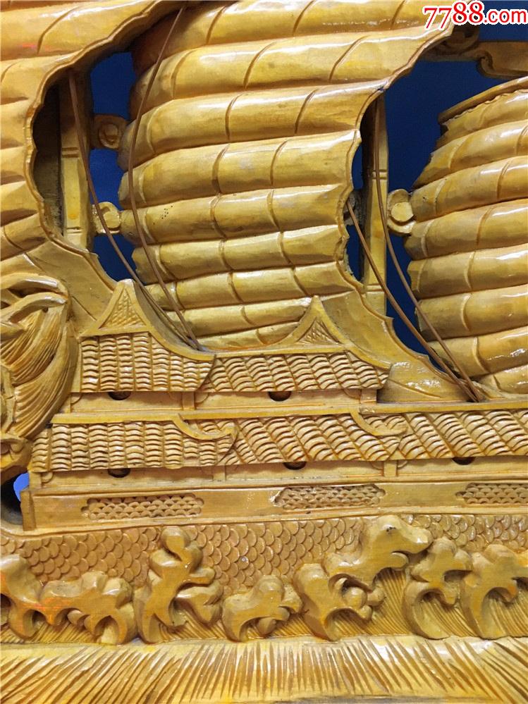 库存早年纯手工木浮雕龙船一帆风顺摆件