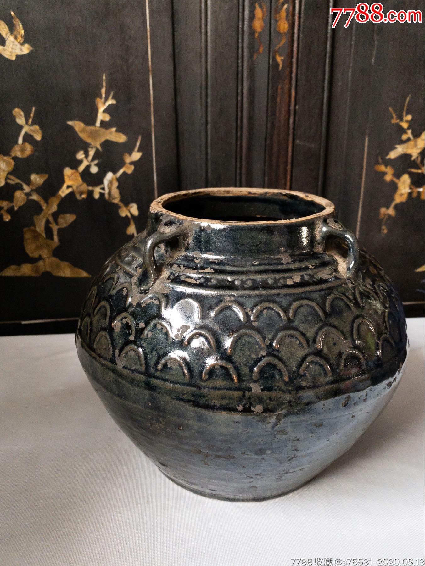 清末淄博窑生产黑釉鱼鳞四系罐