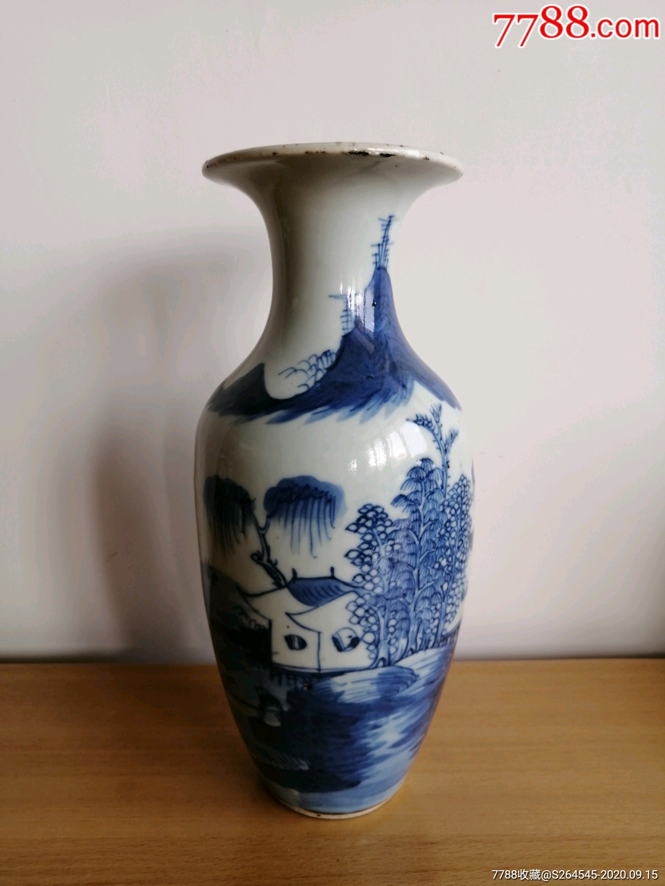 晚清青花山水树亭人物垂钓观音瓶-青花瓷-7788奇石收藏