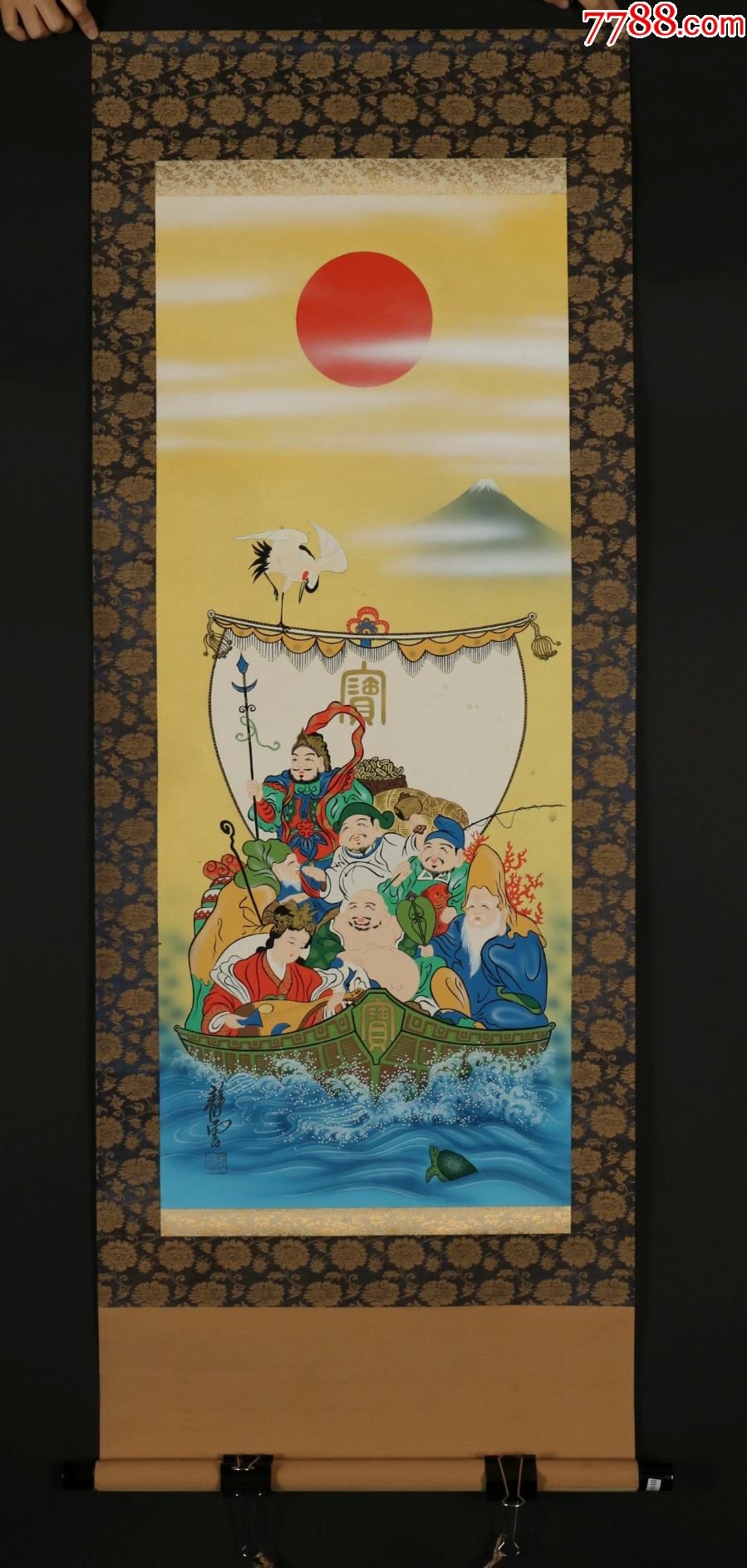 日本回流原装旧裱静云水墨画众仙宝船作品一幅hxtx174840