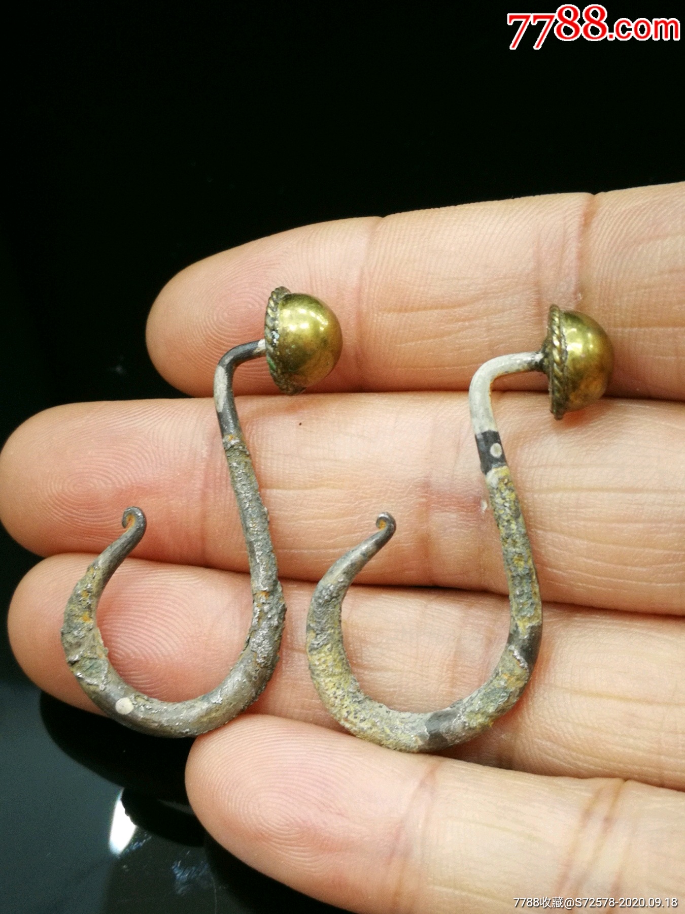 明代纯银镶金珠丁香耳环