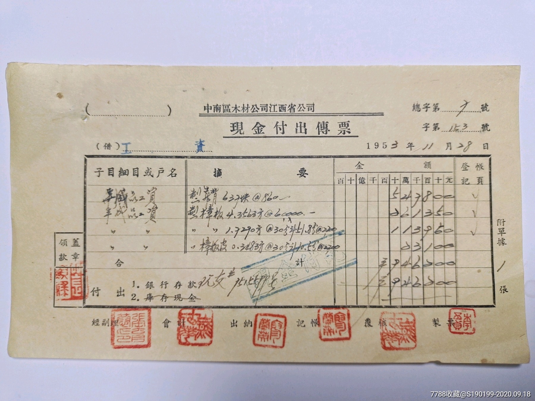 江西森林工业局赣州分局现金付出传票半成品工资