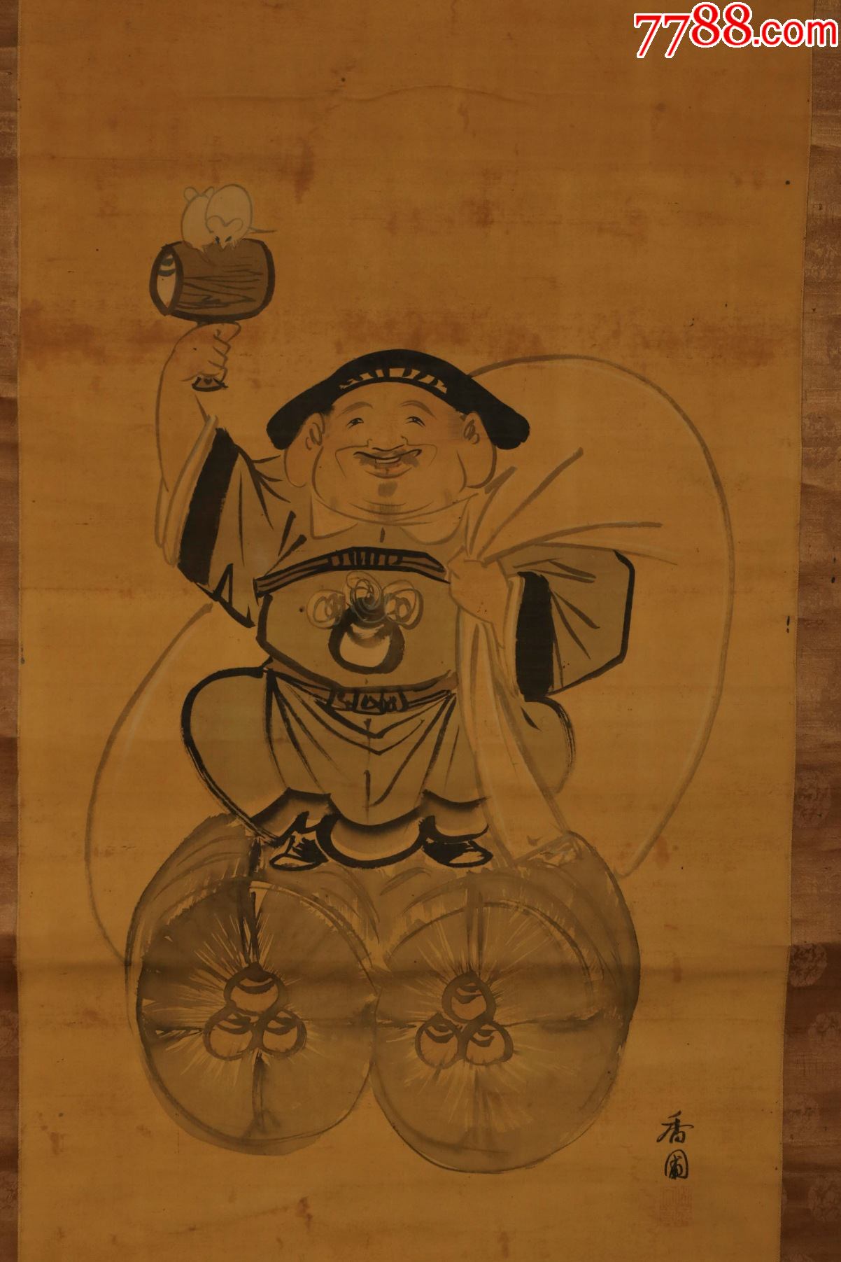 日本回流原装旧裱香圃水墨画大福神作品一幅hxtx175074