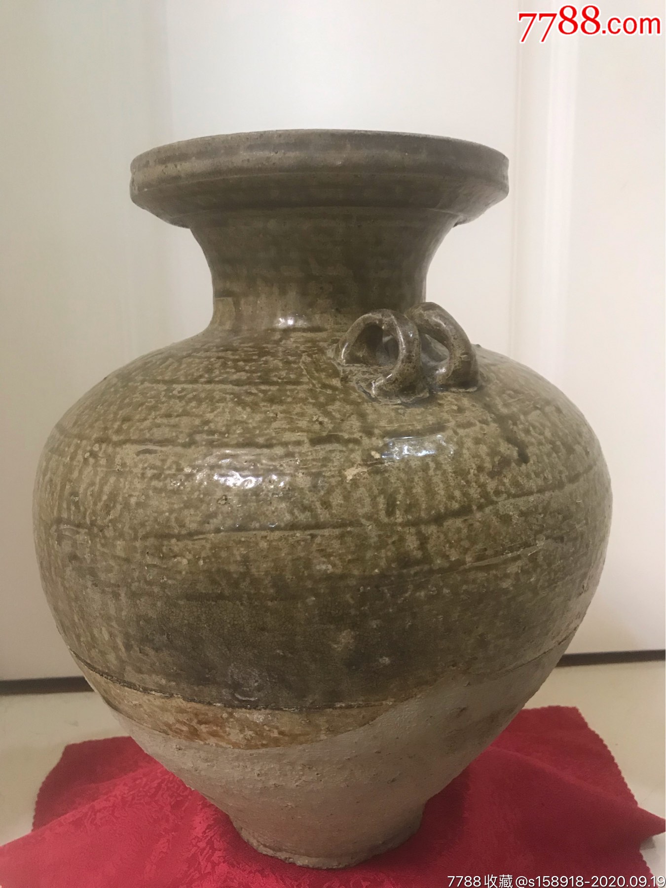 宋早期越窑系器型硕大好看原始青瓷四系盘口罐