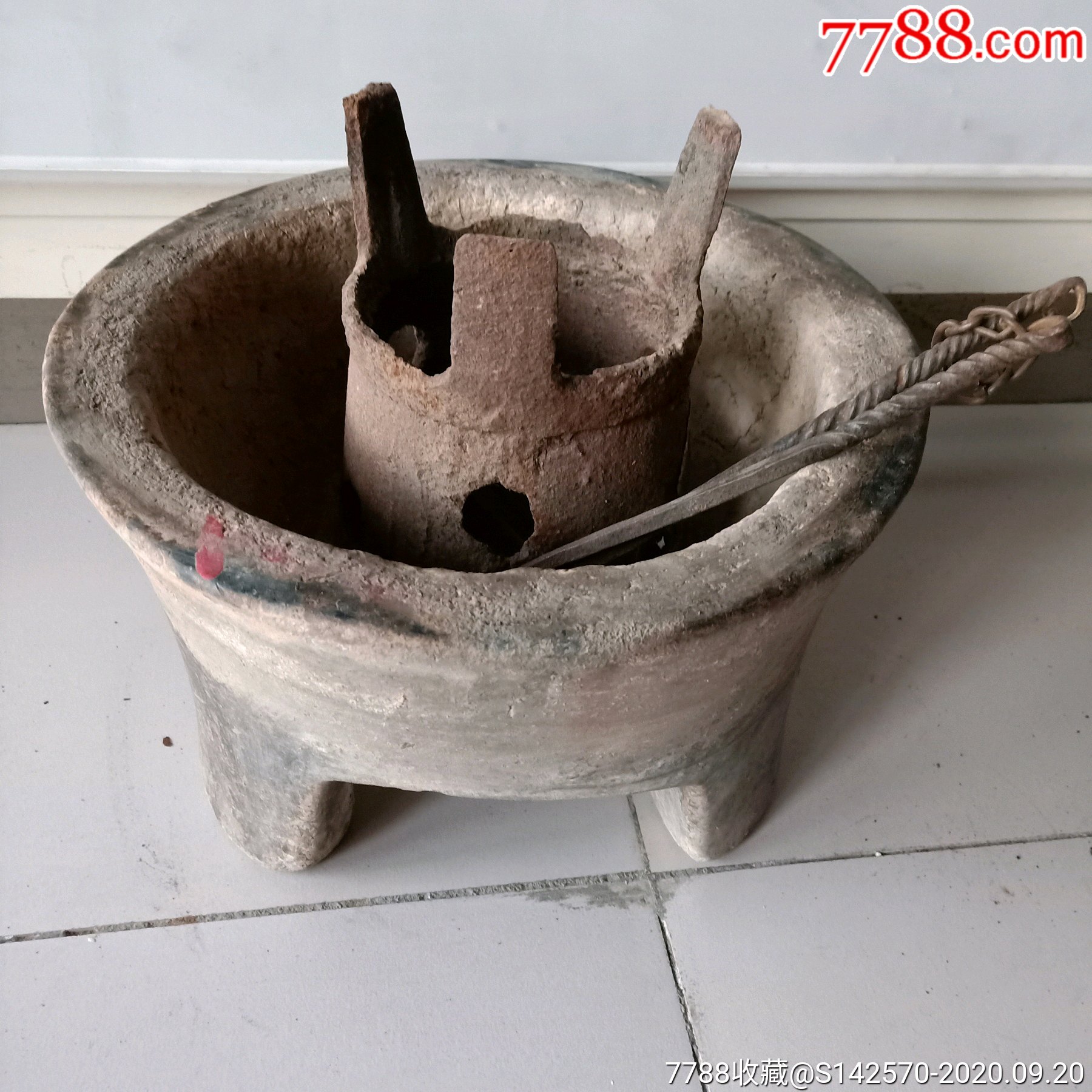 清代民国灰陶火盆铁炉铁筷子一套完整可用保老保真