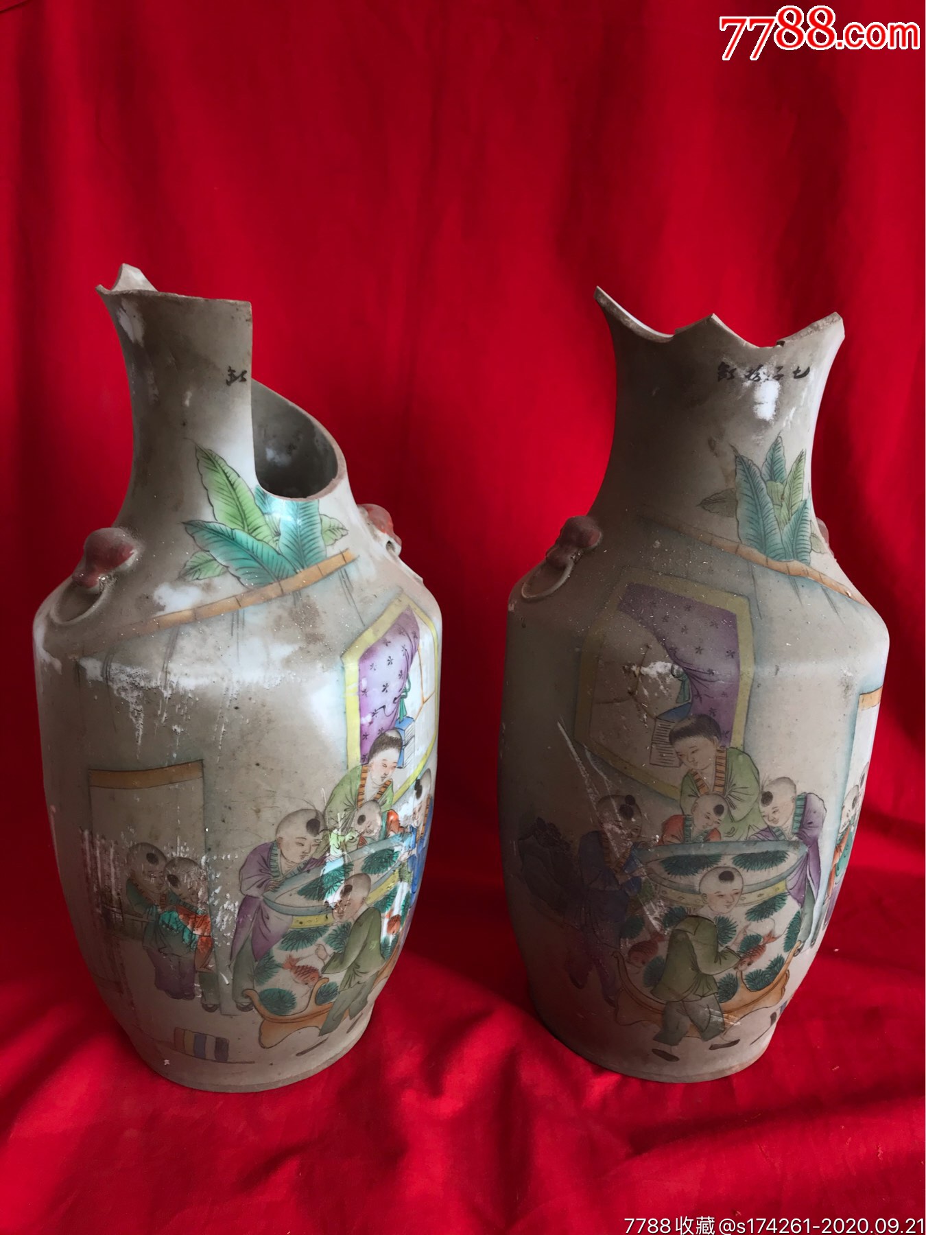 嘻唰唰～洗刷刷一对民国早期名家张荣顺作五色旗七子搬缸图虎头叼环大