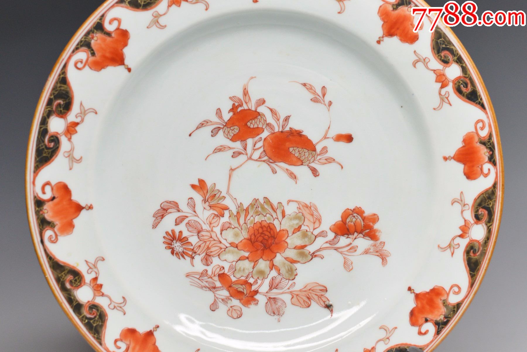 海外销瓷欧洲回流伊万里风格景德镇石榴纹花卉纹矾红墨彩老盘子