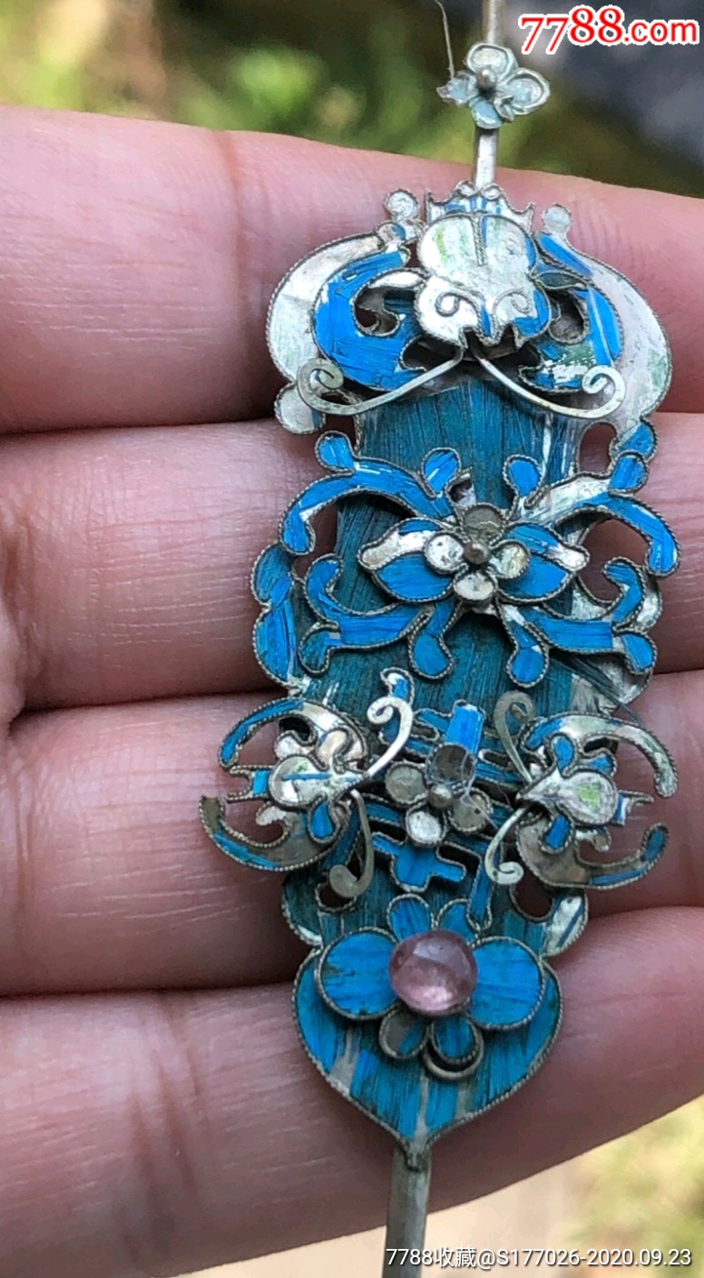 清代银簪点翠烤蓝二个