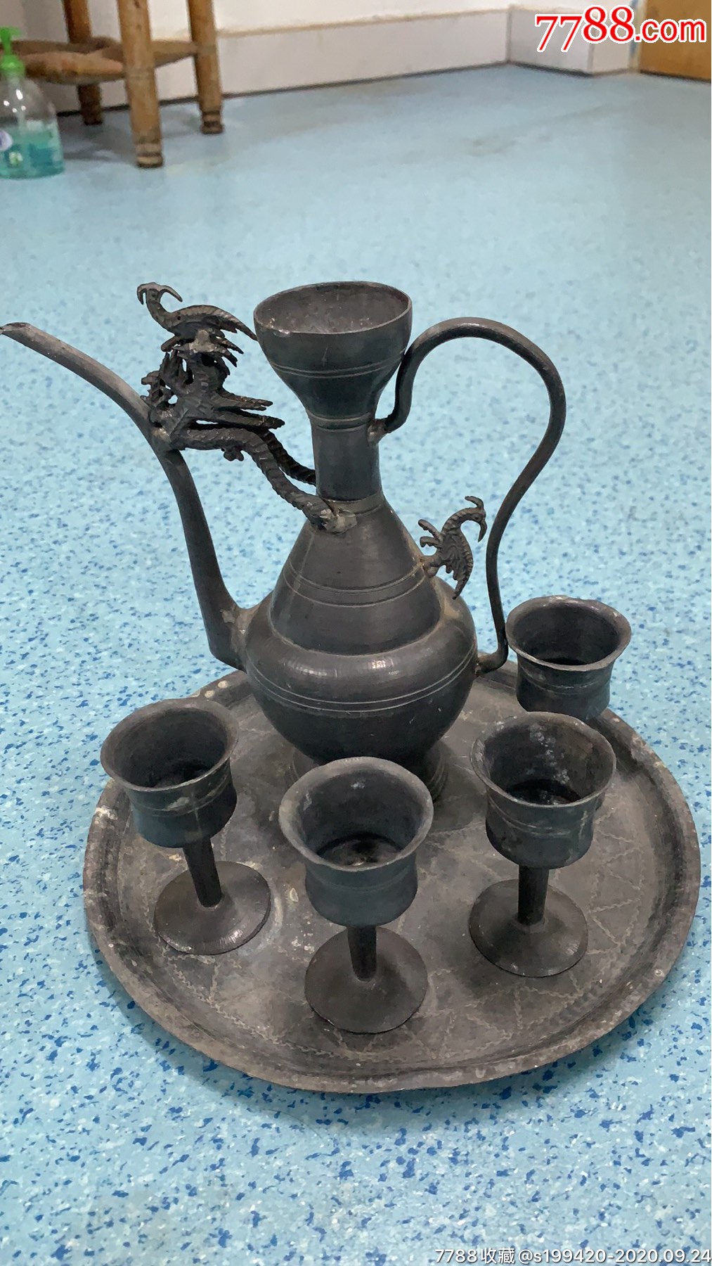 老锡酒壶一套共6件完整做工精致锡盘雕花精美锡壶独特包老包真