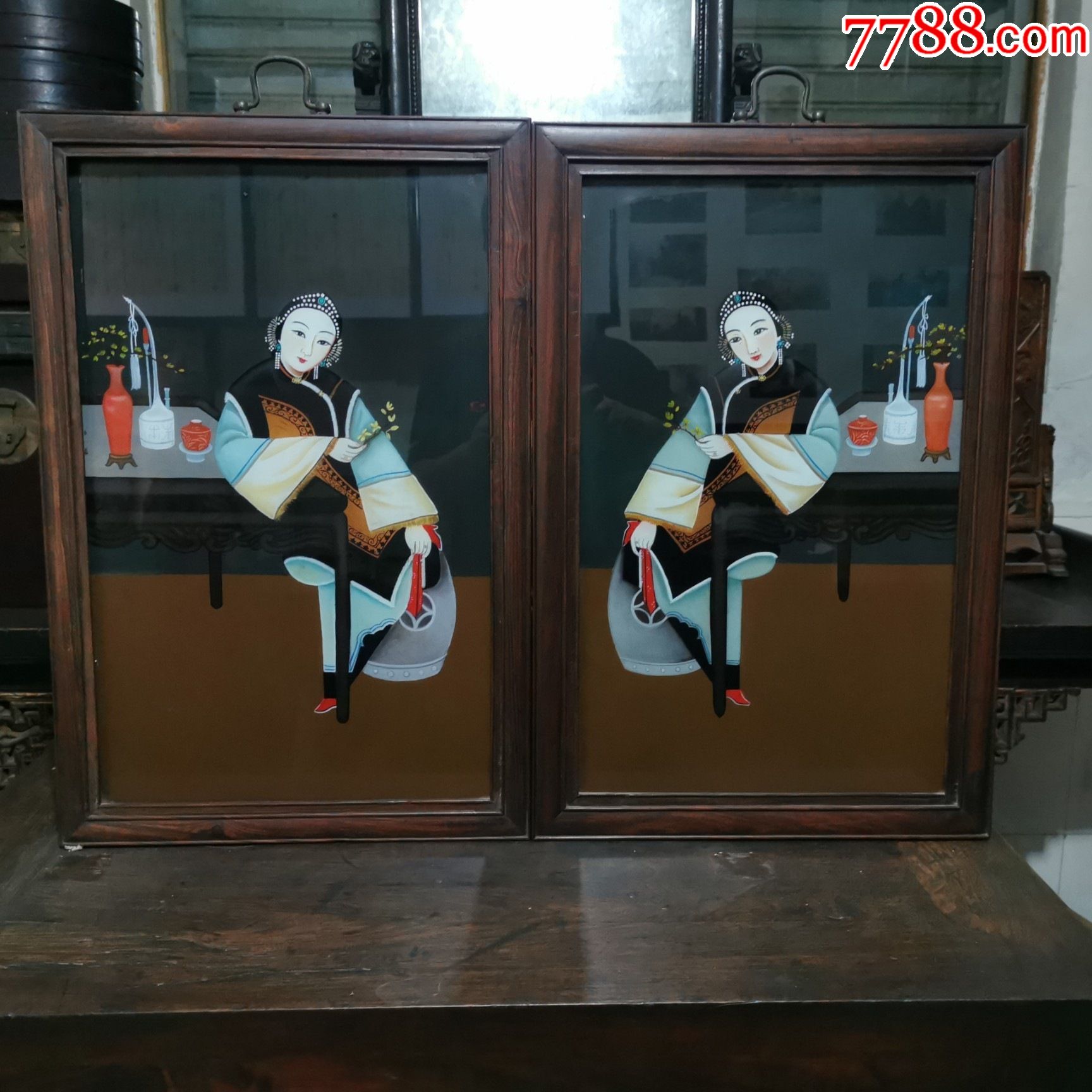 清代侍女玻璃画