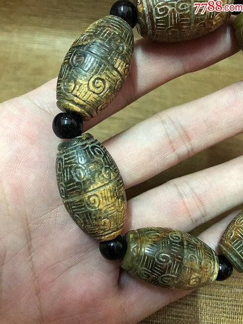 古玩古董玉器古玉老玉传世和田玉满工云雷纹玉勒子古珠子手串手链