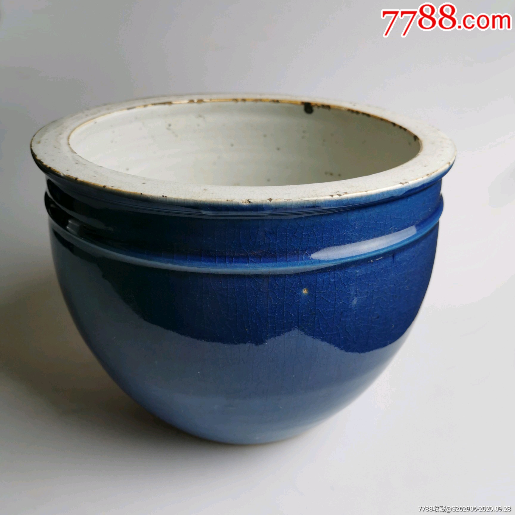 霁蓝釉大瓷缸祭蓝卷缸鱼缸瓷画缸古玩老瓷器收藏