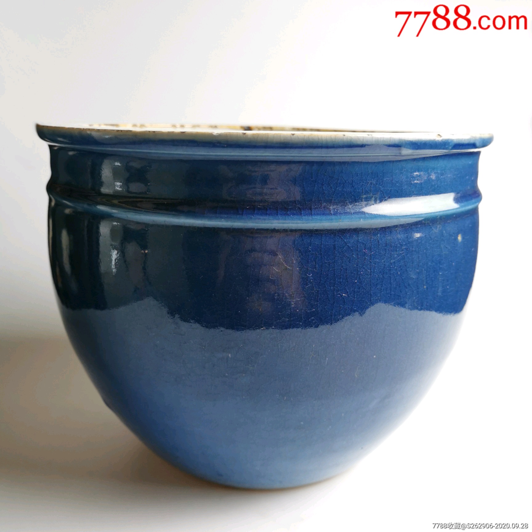 霁蓝釉大瓷缸祭蓝卷缸鱼缸瓷画缸古玩老瓷器收藏