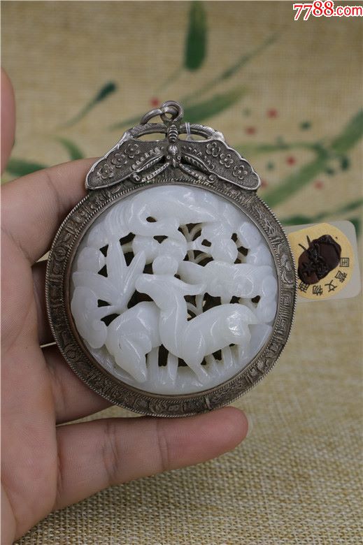 和田纯手工银包玉鹿鹤同春吊坠