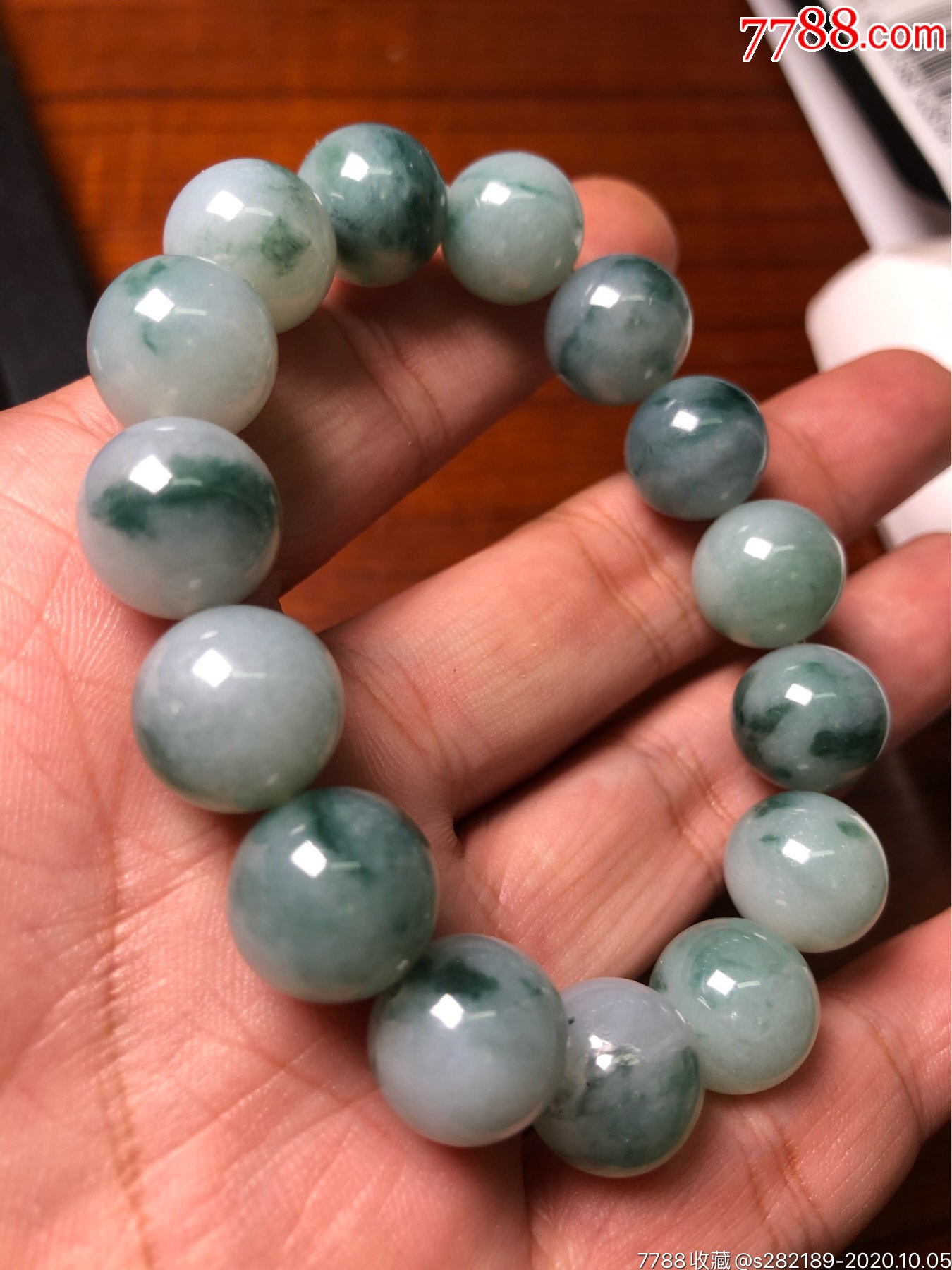 天然翡翠飘蓝花手串13mm