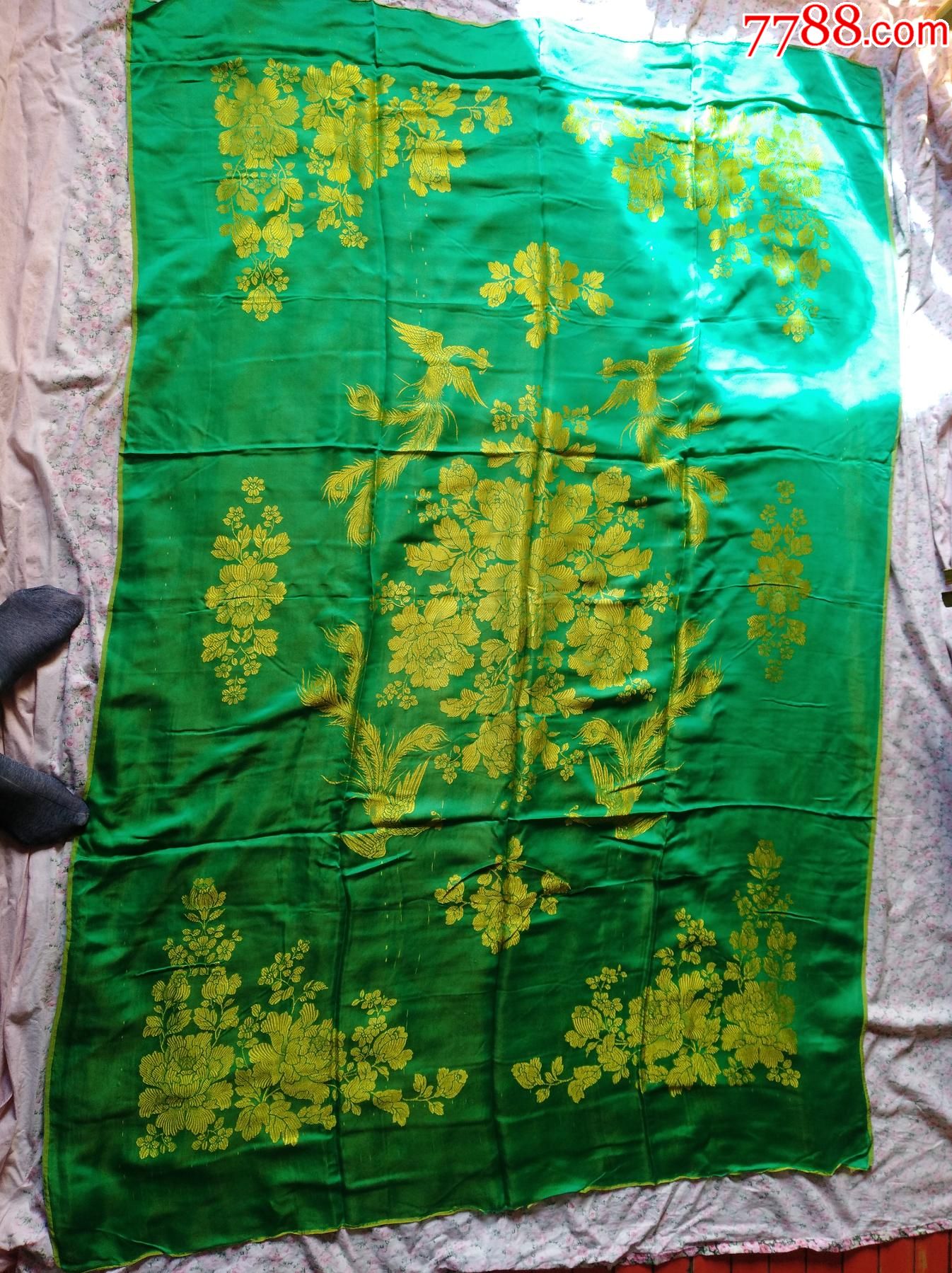 全新未用绿色丝绸被面约128x187厘米4凤凰图案