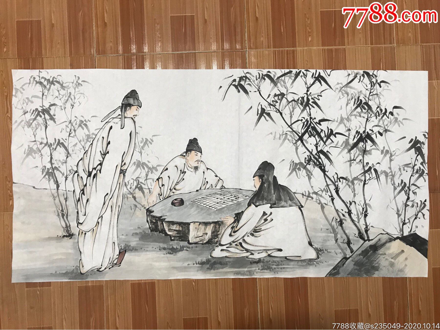 纯手绘国画人物画(竹林对弈)