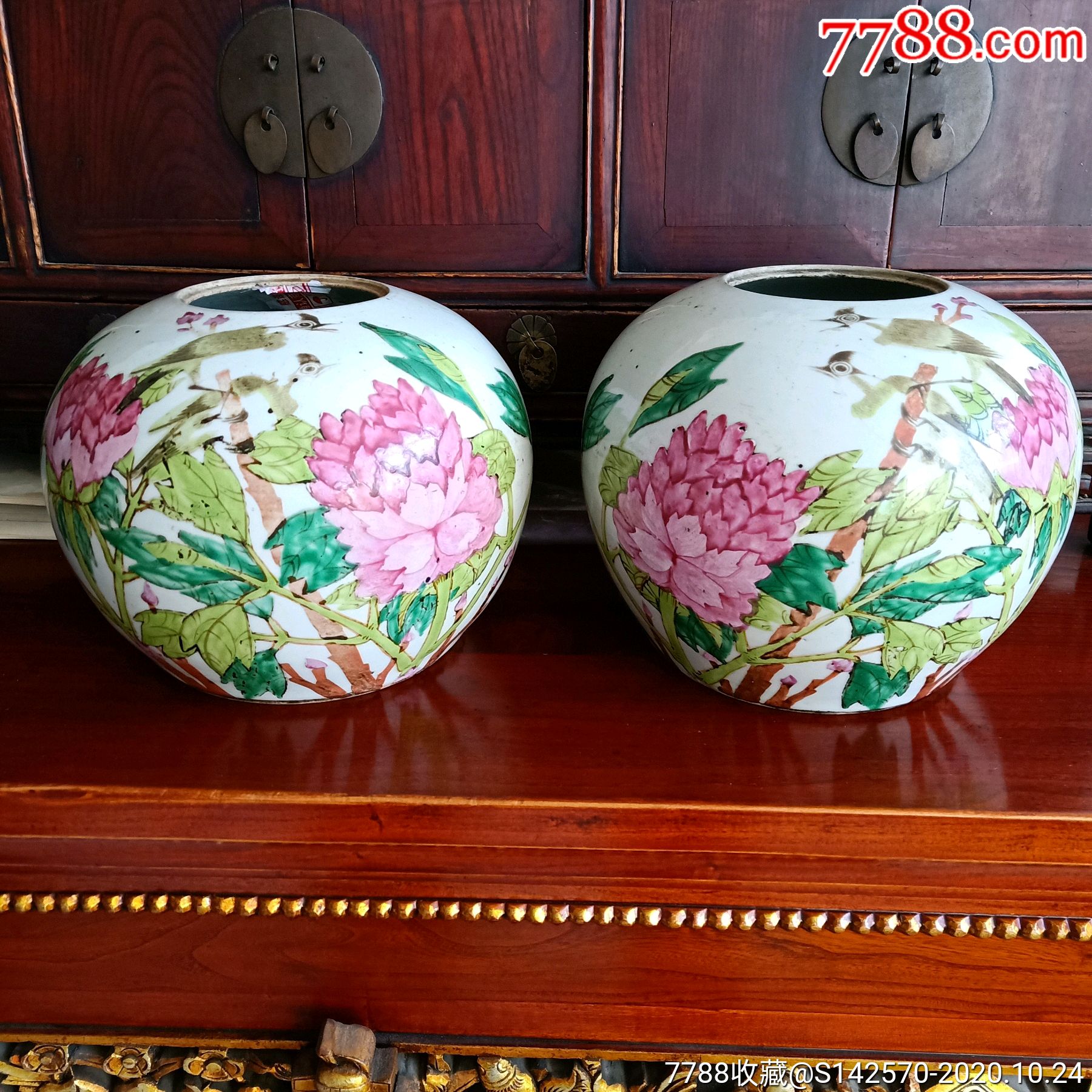 晚清民国名家张荣顺作品浅绛彩富贵白头西瓜罐一对一个完整一个背面