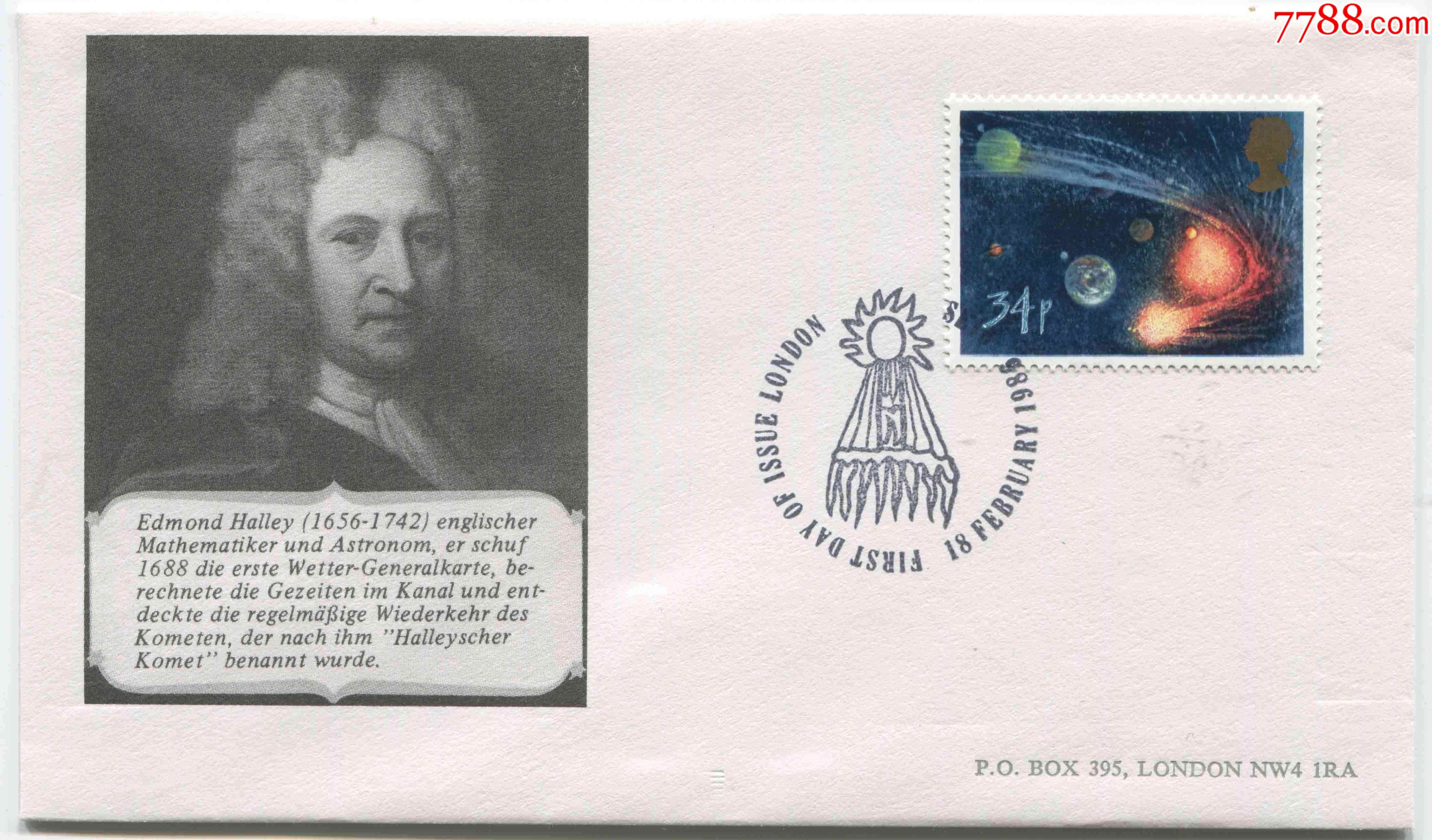 英国邮票1986年哈雷彗星回归天文学家埃德蒙多·哈雷首日封fdc11/1