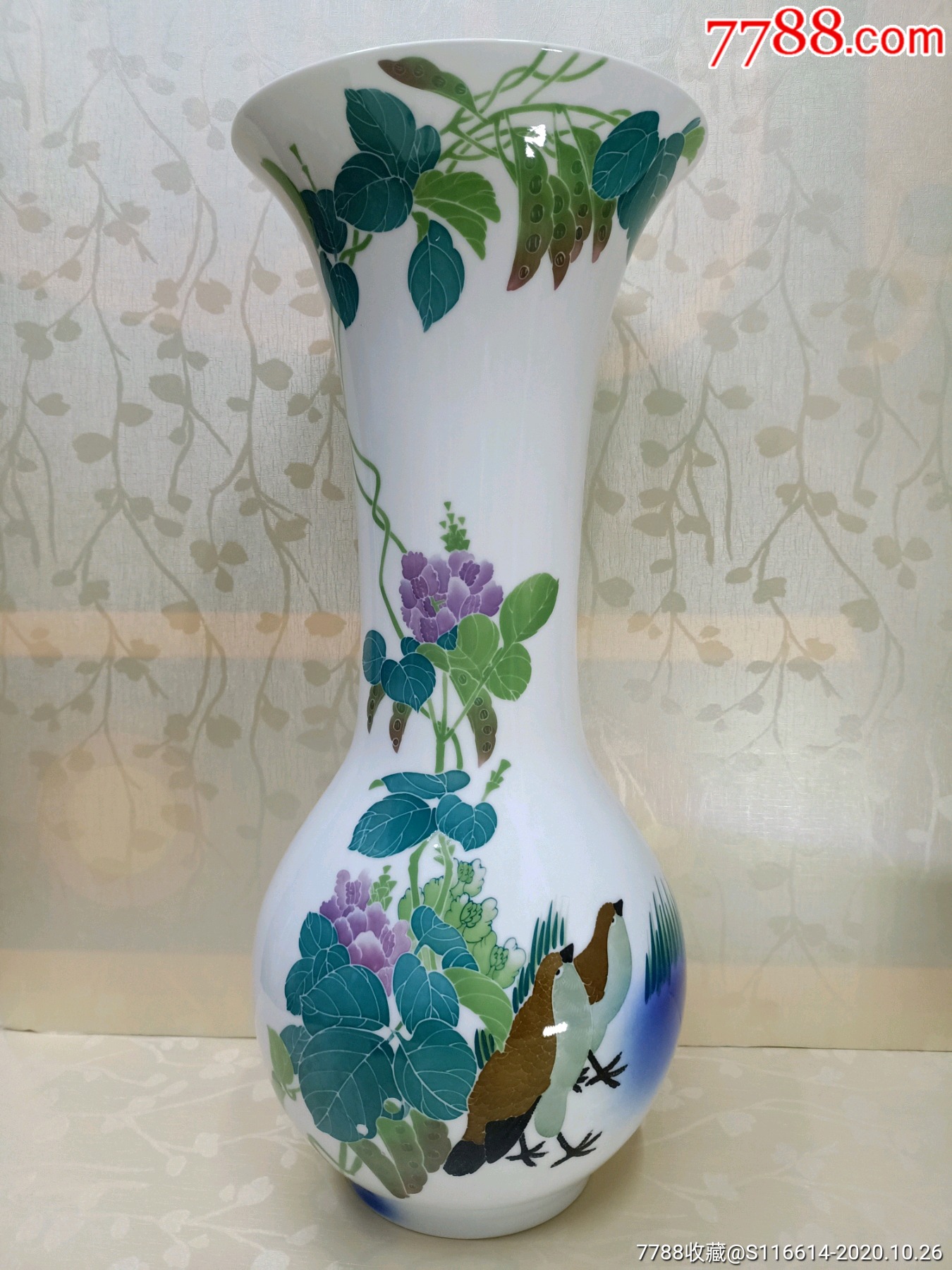 121醴陵釉下五彩瓷瓶扁豆双禽瓶