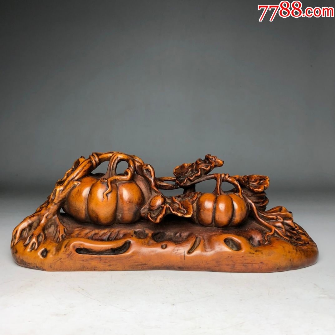 黄杨木雕刻大丰收南瓜摆件长17高6厘米-木雕摆件-7788商城__七七八八