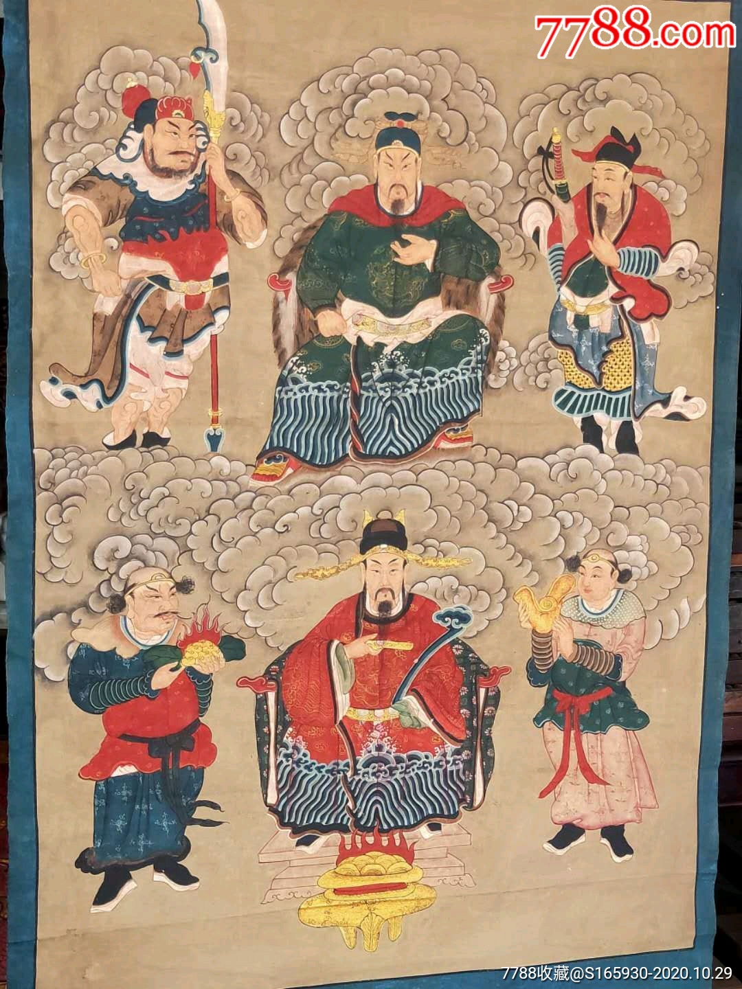 清代精品纯手绘老粗布五彩描金文武财神画像一张画工精湛人物细