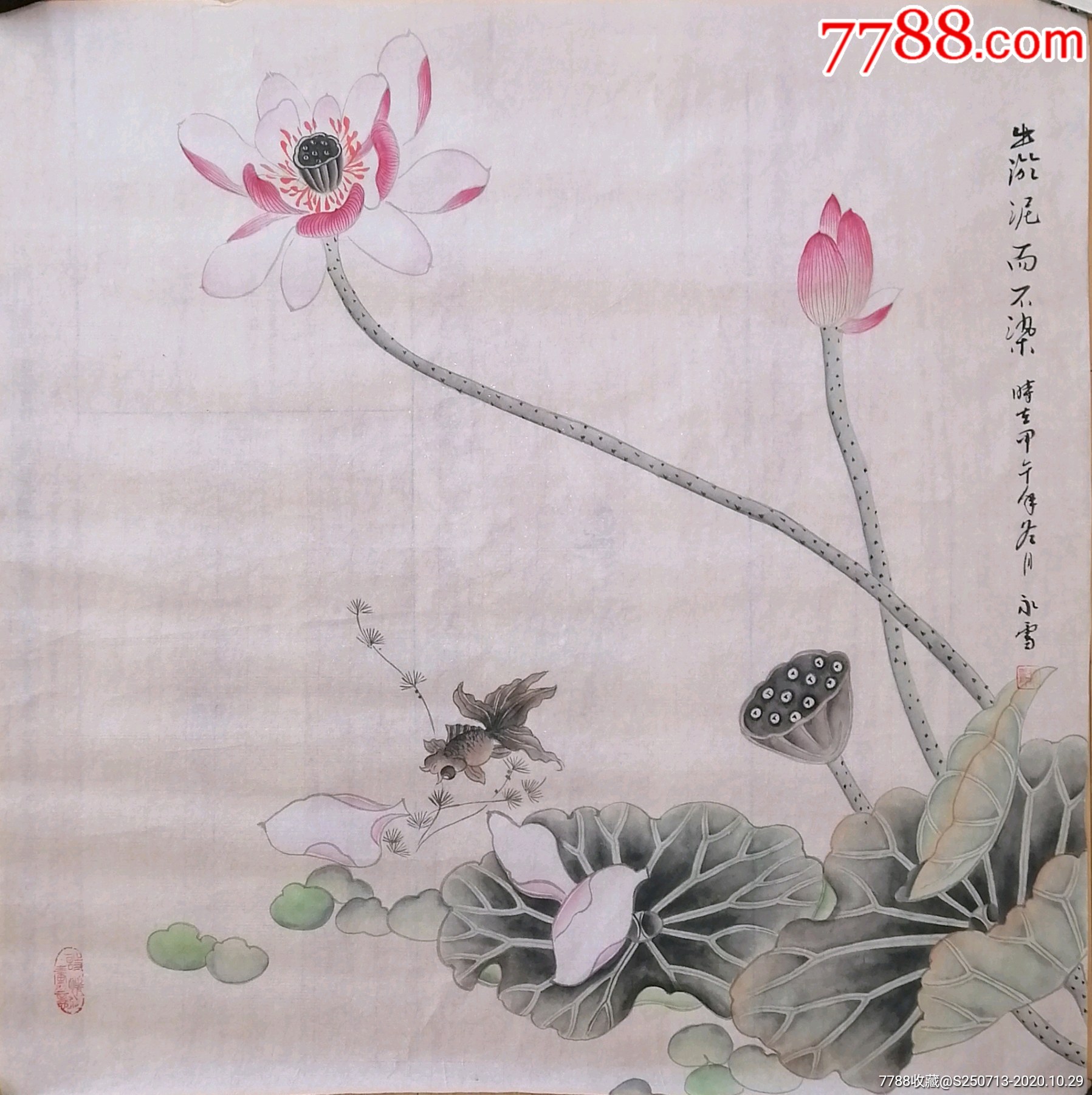 杨永雪四尺斗方工笔荷花_花鸟国画原作_甘肃博渊书画院【7788收藏