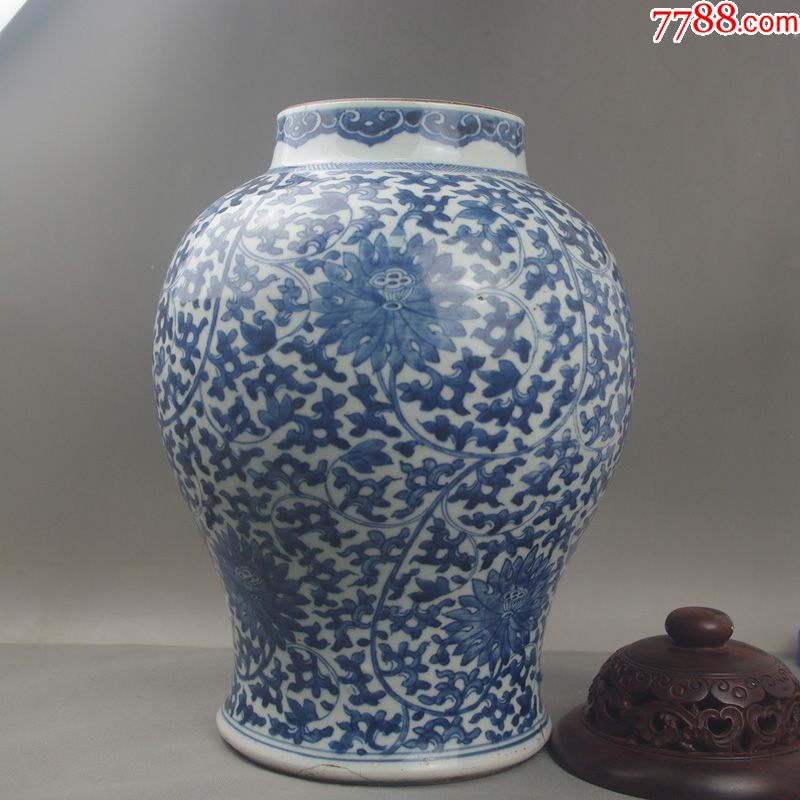 清三代早期康熙缠枝莲纹将军罐景德镇明清老青花瓷古董收藏摆件