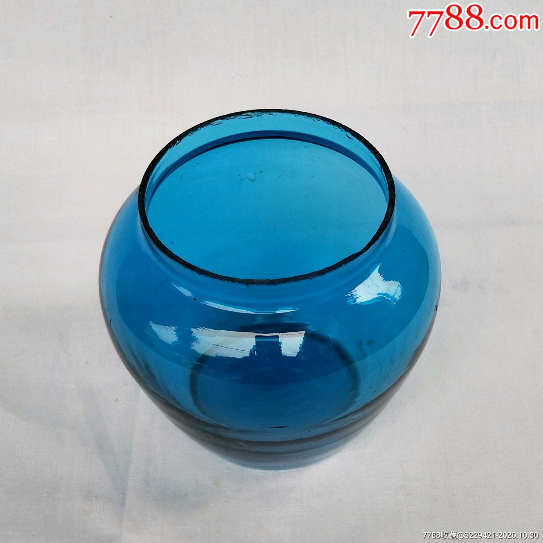 六十年代婚嫁装饰品摆件古董老料器琉璃糖罐天蓝色玻璃器皿真品