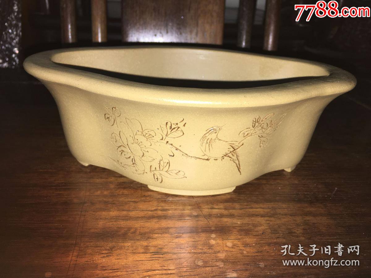 小石刻名家刻紫砂段泥花鸟花盆