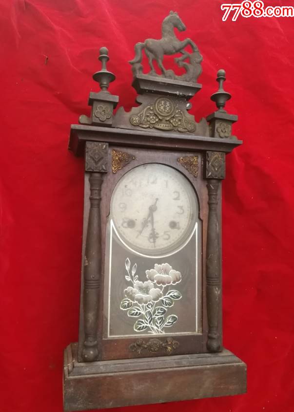 特价烟台钟表厂宝字牌马头座钟钟表带双喜佛手瓜图铜装饰包老怀旧