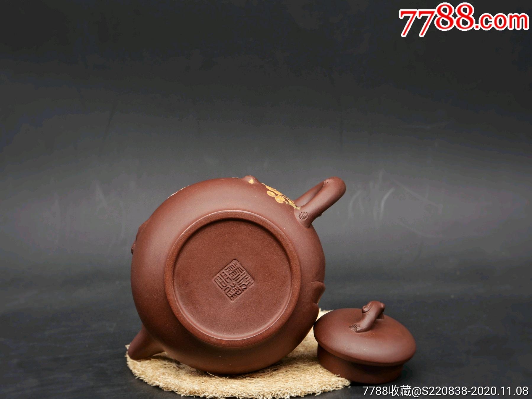 沈建康原矿紫泥精美泥绘蝶恋花树桩紫砂壶