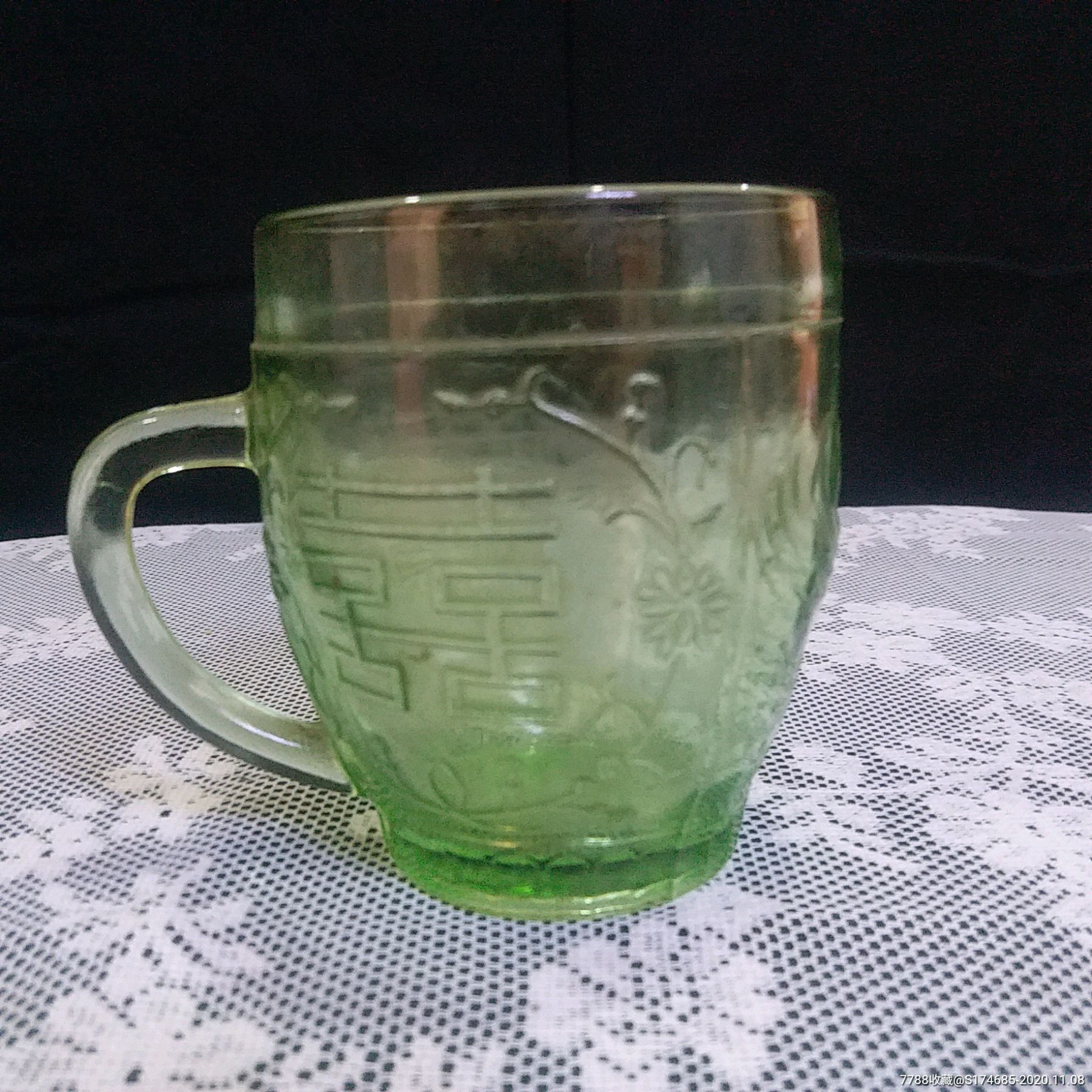 老双喜玻璃杯绿色老茶杯老水杯