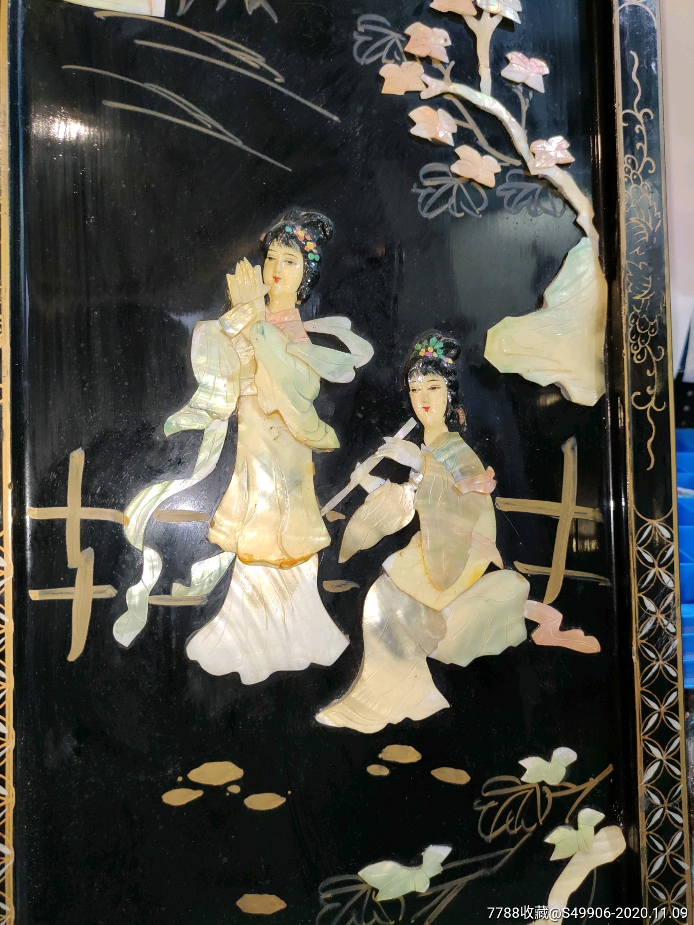 八乐图四条屏贝雕