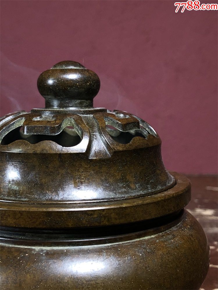 旧藏创汇时期苏工紫铜如意盖炉(完好完整)-铜炉-7788铜器收藏