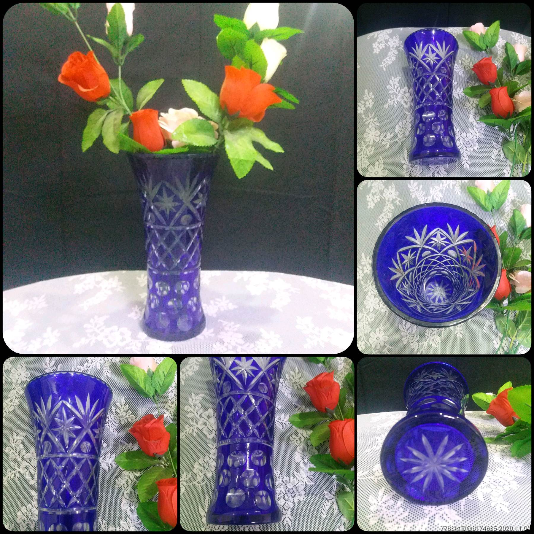 古董民国手工刻花车料玻璃老花瓶蓝色老花插