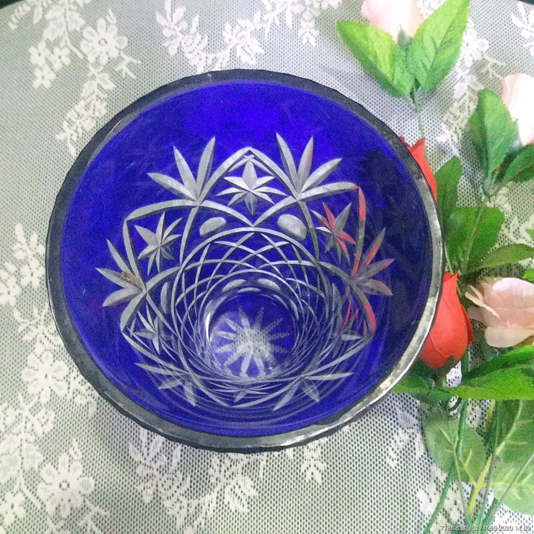 古董民国手工刻花车料玻璃老花瓶蓝色老花插