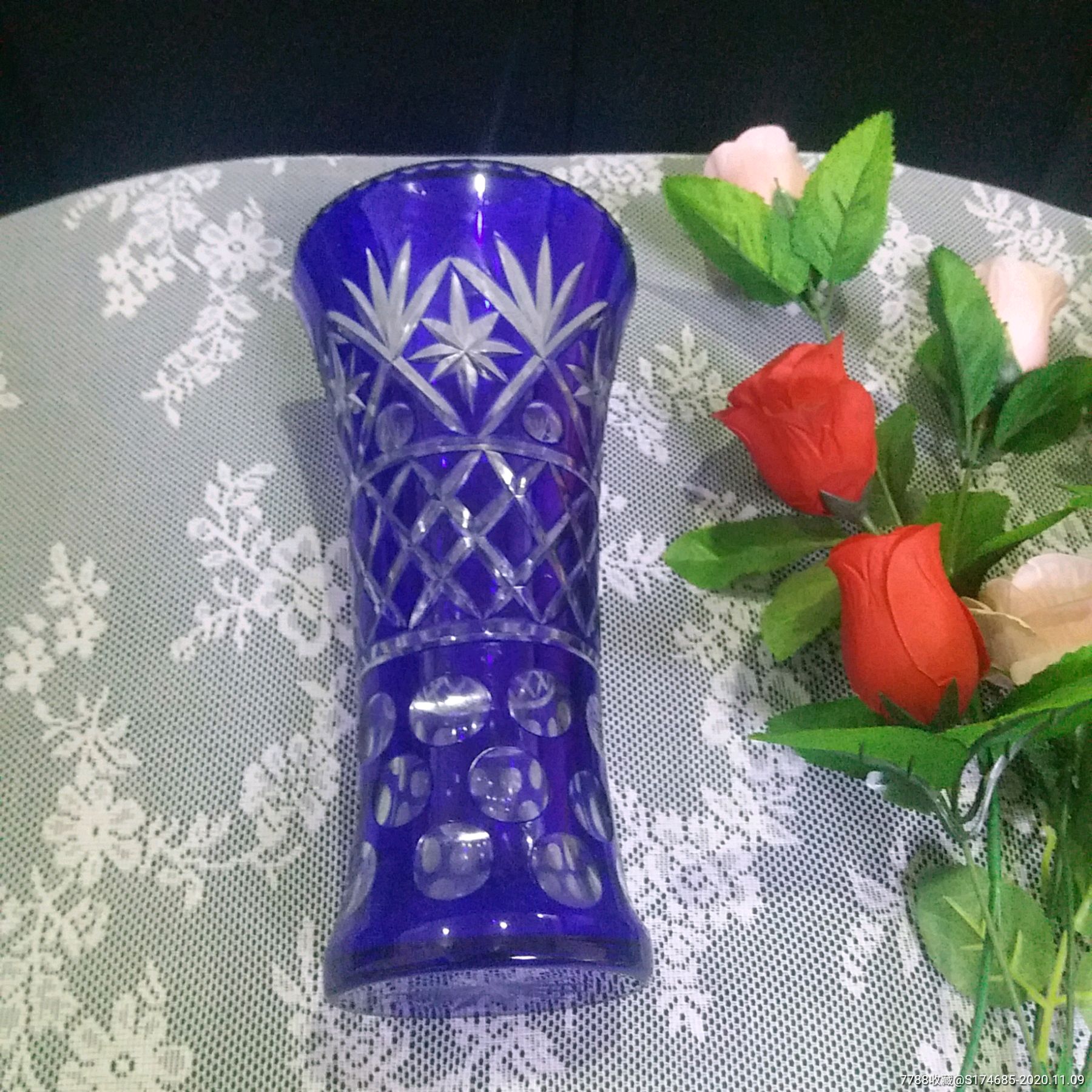 古董民国手工刻花车料玻璃老花瓶蓝色老花插-玻璃器皿-7788琉璃收藏