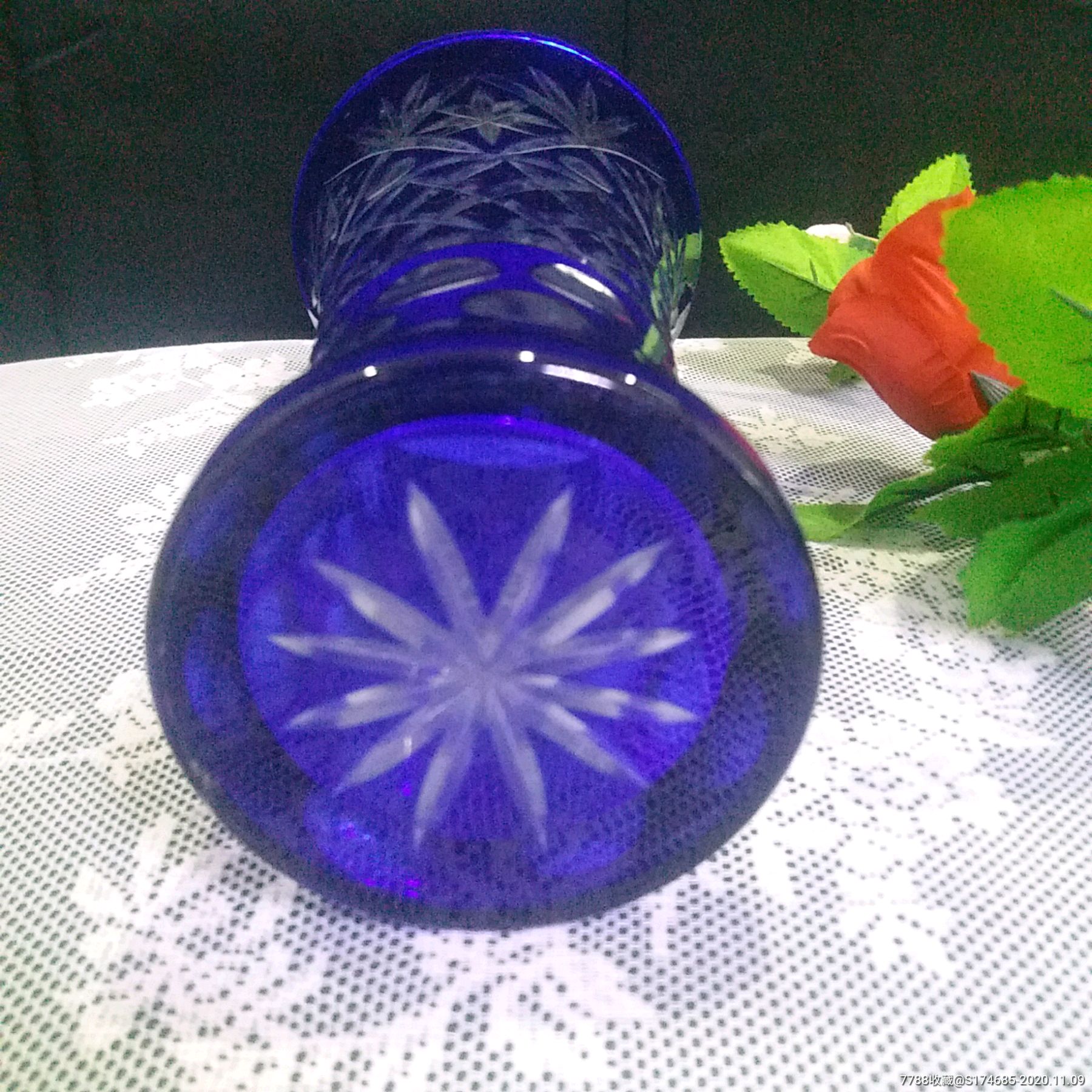 古董民国手工刻花车料玻璃老花瓶蓝色老花插-玻璃器皿-7788琉璃收藏