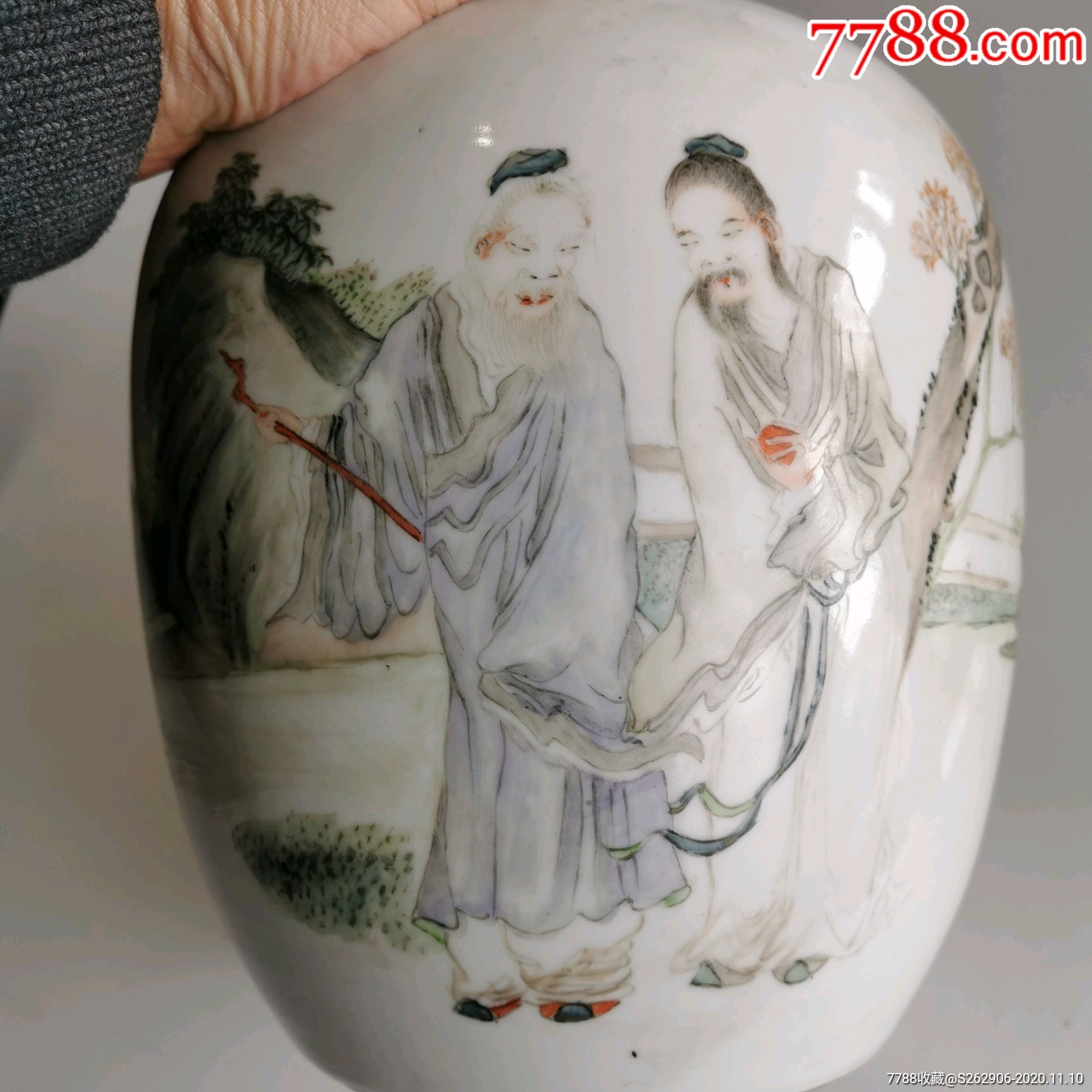 民国名家吴海峰浅绛彩诗文人物盖罐