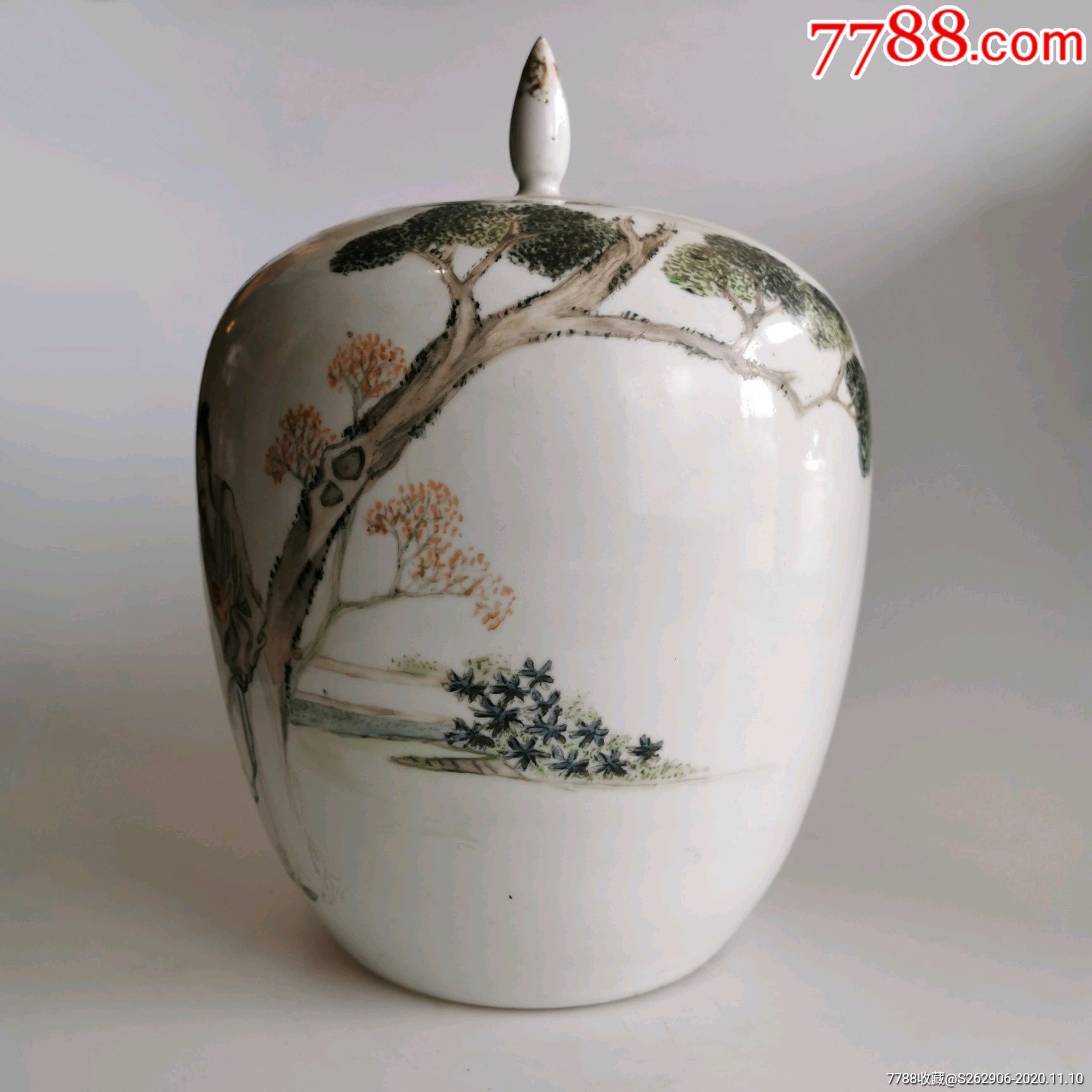 民国名家吴海峰浅绛彩诗文人物盖罐