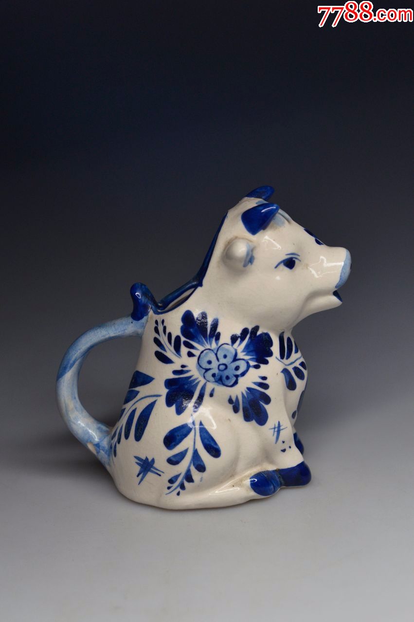 古董收藏荷兰代尔夫特delftblue手绘风车图案陶瓷壶手绘奶牛奶壶